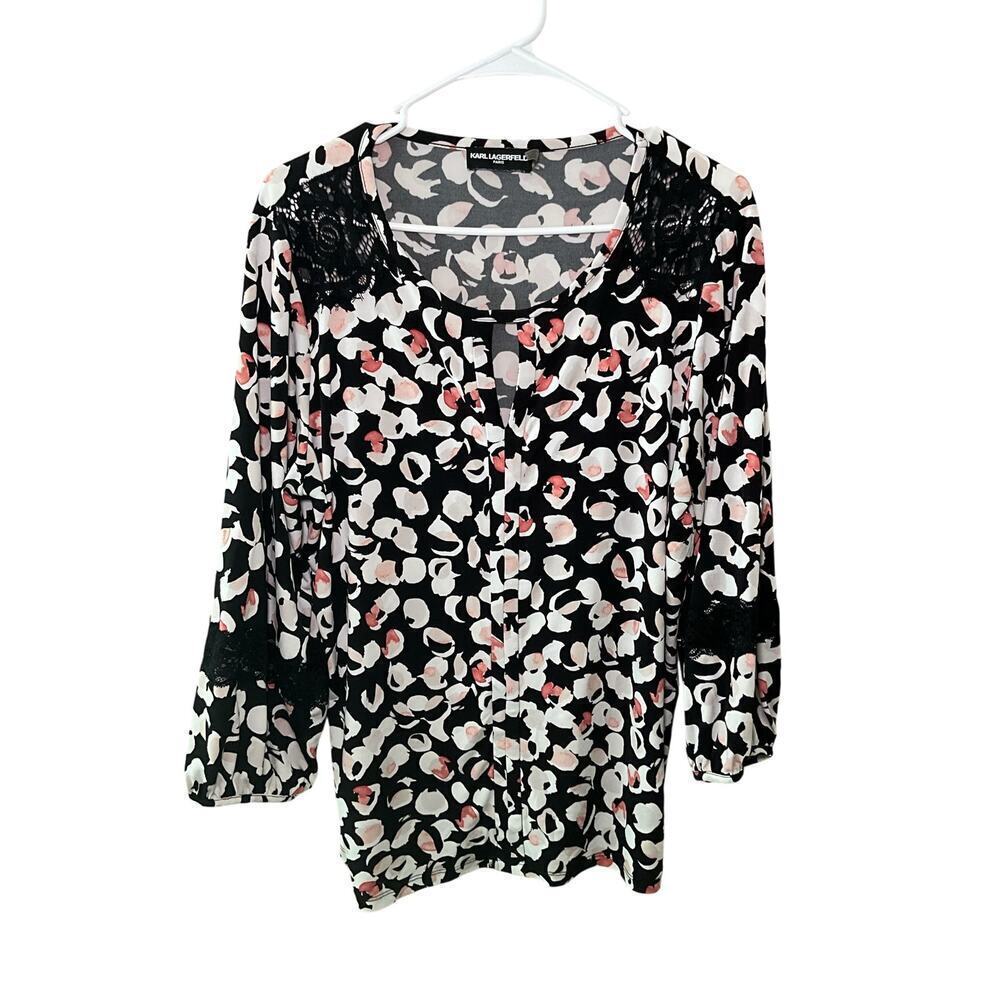 Karl Lagerfeld Womens Floral Lace Trim Top Blouse 3/4 Sleeve Black Size Large‎